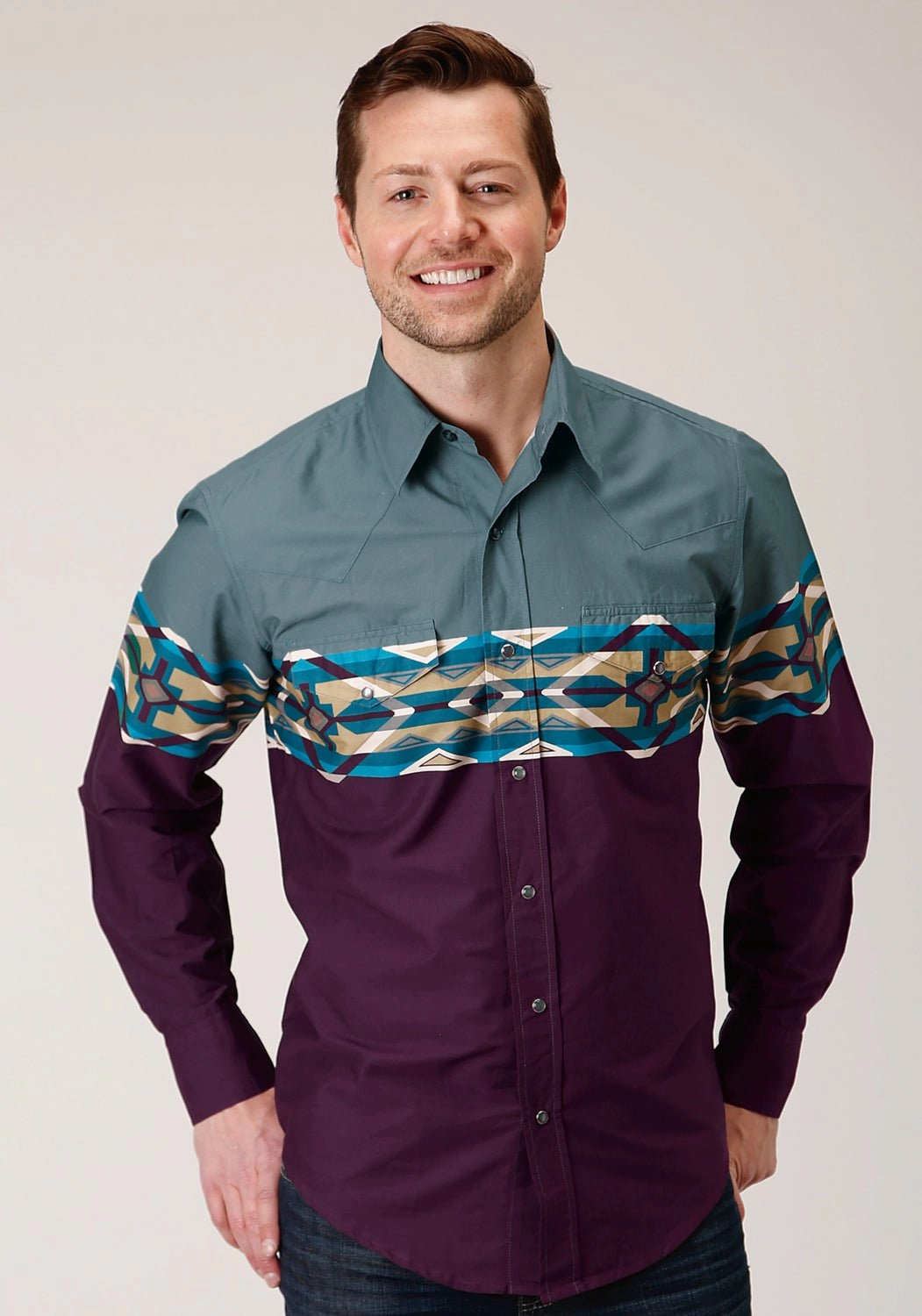 Stretch Fit Technology Roper Mens Wine 100% Cotton Tile Aztec L/S Snap Shirt