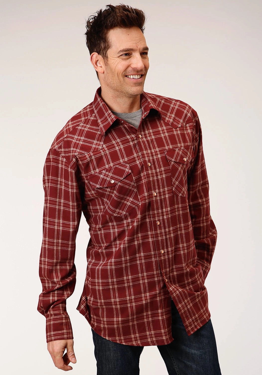 Printed Pattern Workwear Style Roper Mens Wine 100% Cotton Unlined Flannel Plaid L/S Shirt