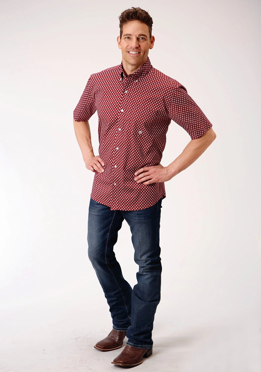 Roper Mens Wine Cotton Blend 1 Pocket BD S/S Shirt Winter Essentials Button front