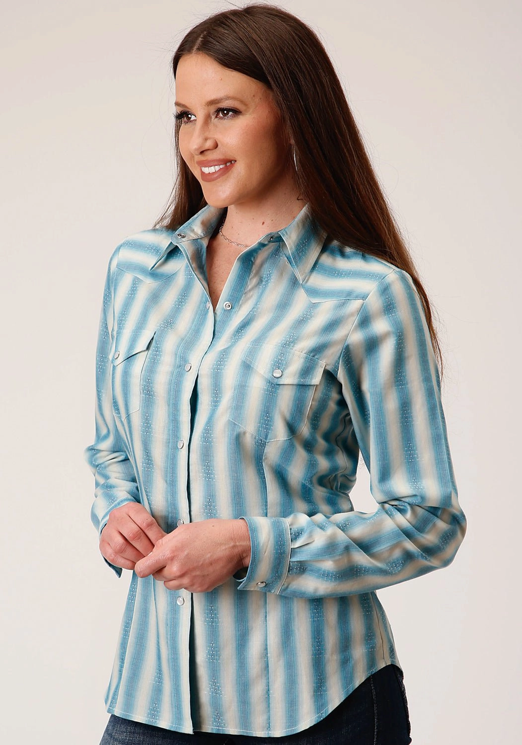 Roper Womens 1503 Ombre Stripe Aqua/Cream Cotton Blend L/S Shirt Metallic Finish