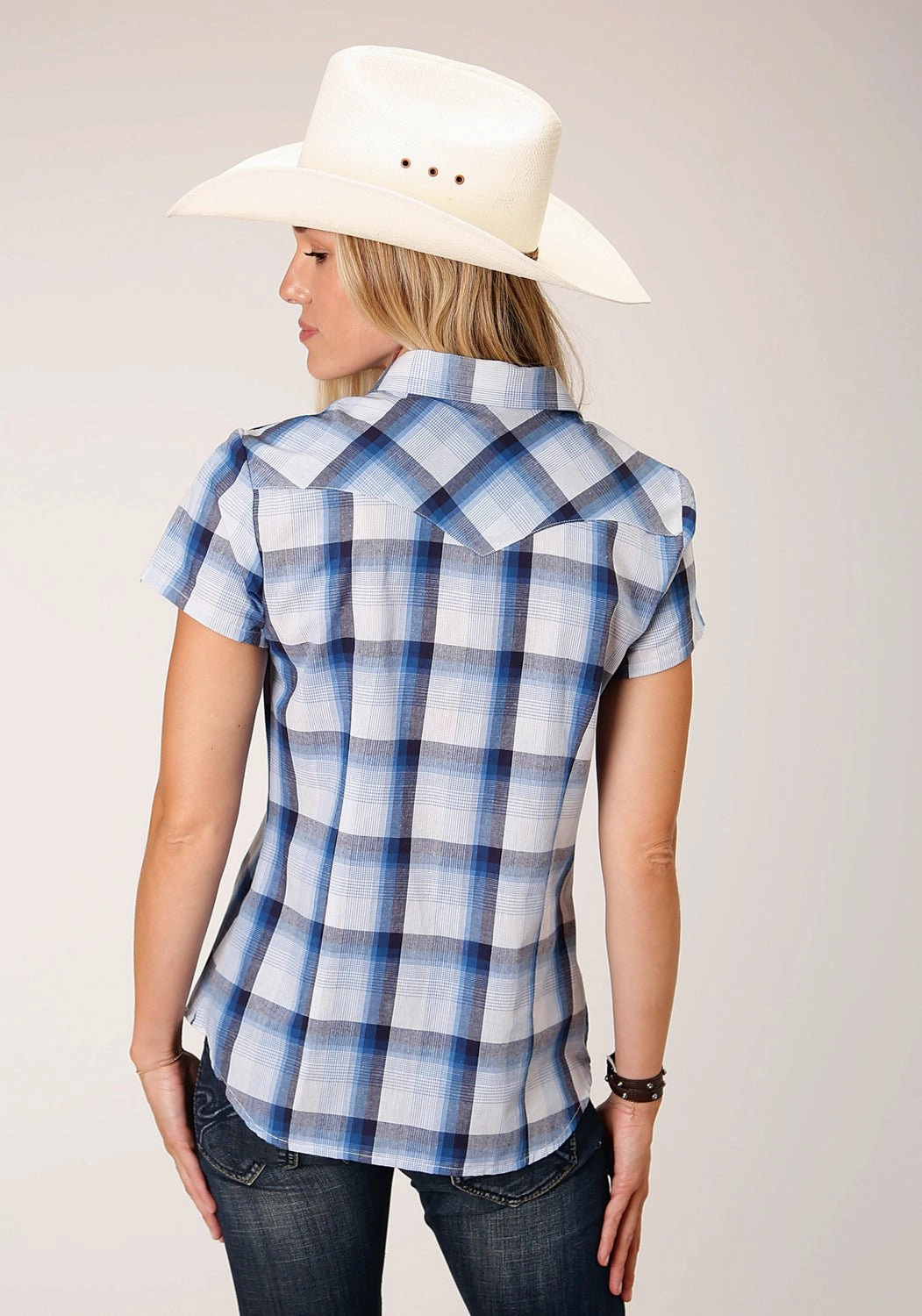 Matte Look Roper Womens 1631 Multi Plaid Blue/White Cotton Blend S/S Shirt