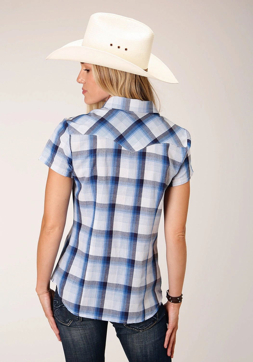 Roper Womens 1631 Multi Plaid Blue/White Cotton Blend S/S Shirt Breathable Lining Odorless Binding Tape