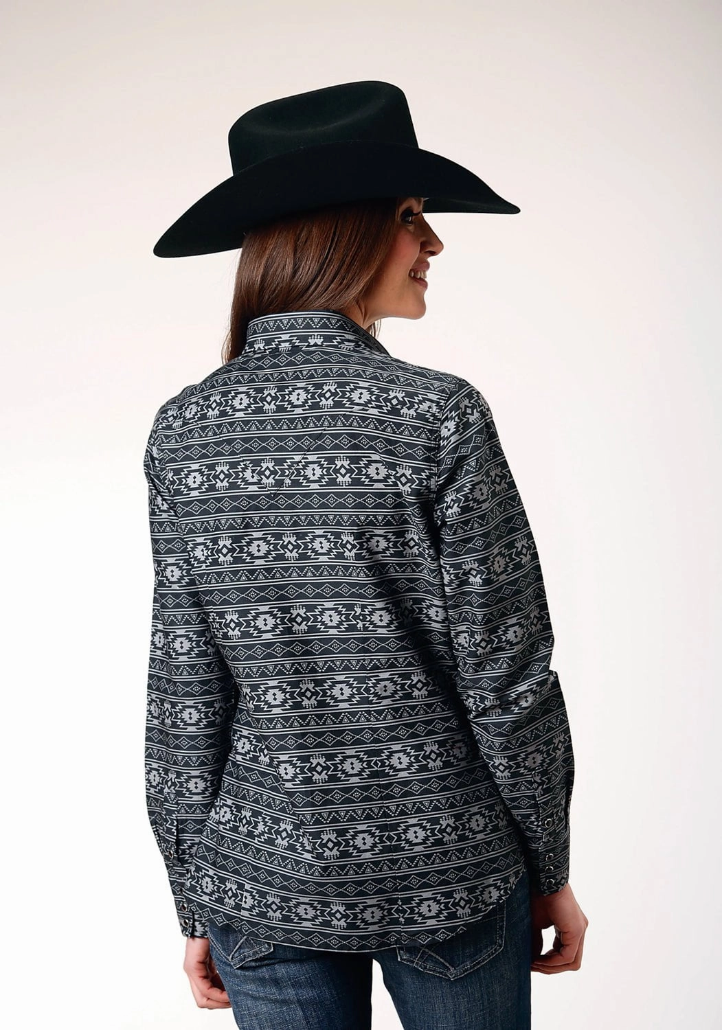 Roper Womens 1850 Aztec Stripe Black 100% Cotton L/S Shirt Abstract art