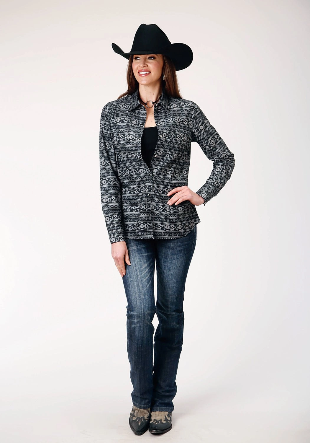 Roper Womens 1850 Aztec Stripe Black 100% Cotton L/S Shirt Sleeveless Cut Versatile Layering Piece