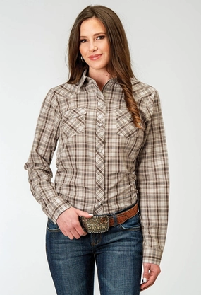 Street Style Roper Womens 1968 Desert Plaid Brown Cotton Blend L/S Shirt