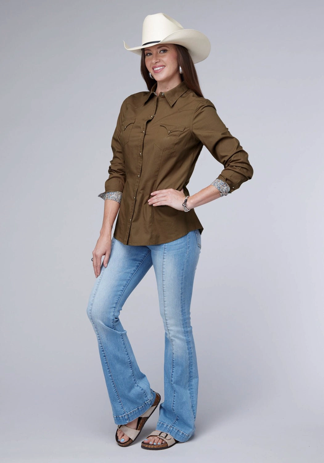 Ergonomic Sleeve Cut Work From Home Roper Womens 2044 Solid Poplin Cocoa 100% Cotton L/S Shirt