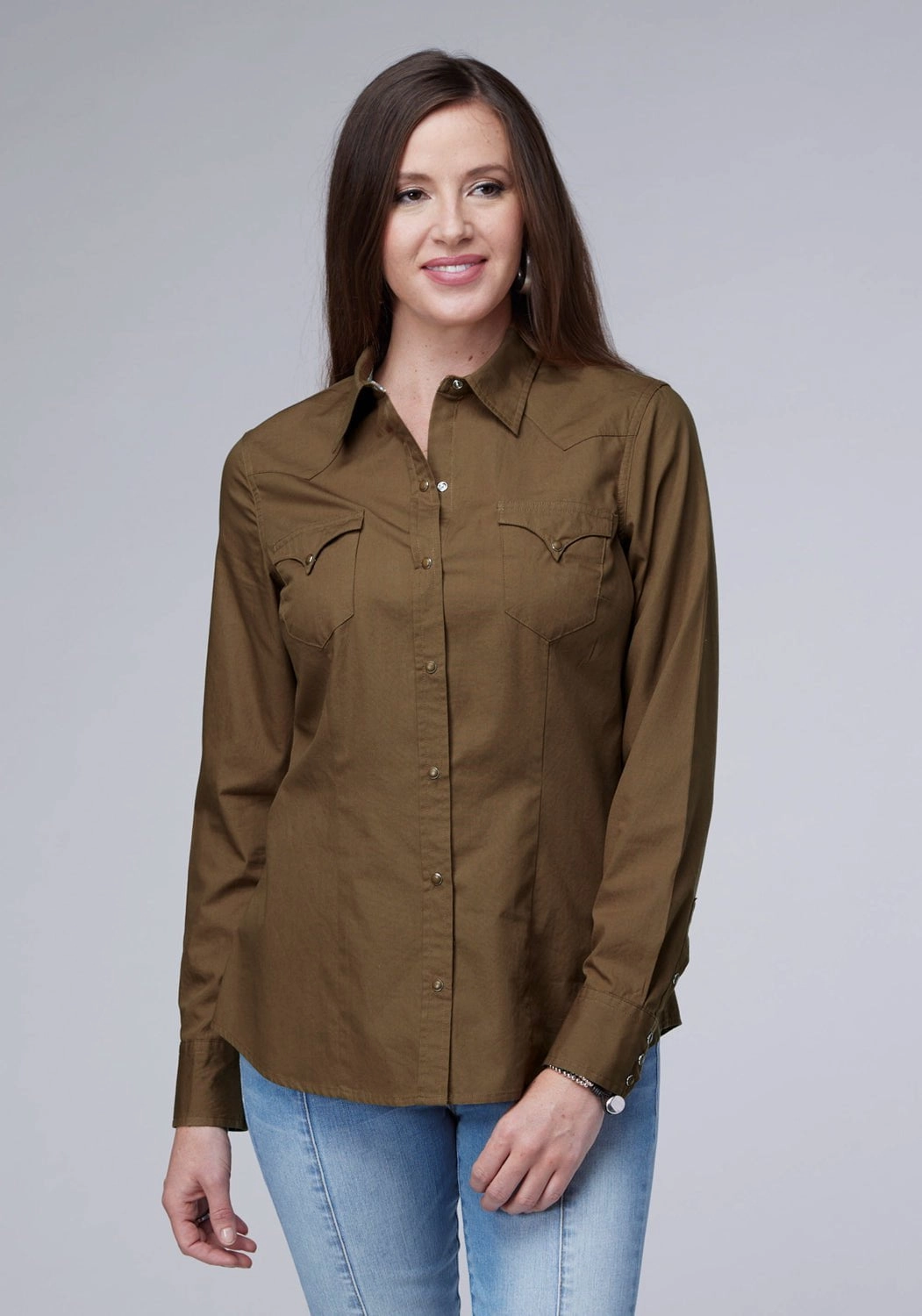 Tagless label Roper Womens 2044 Solid Poplin Cocoa 100% Cotton L/S Shirt