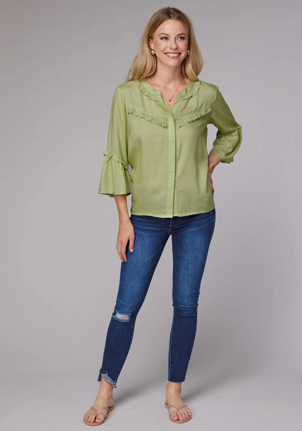 Flexible Placket Structure Roper Womens 2083 Feminine Challis Lime Green 100% Rayon L/S Blouse