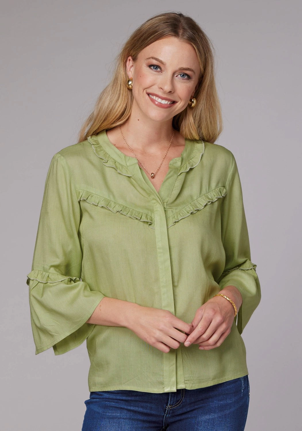 Summer Outfit birthday party Roper Womens 2083 Feminine Challis Lime Green 100% Rayon L/S Blouse