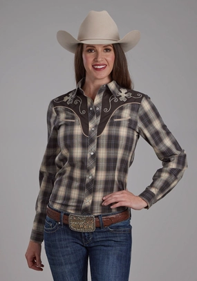Winter Essentials Quick Dry Construction Roper Womens 2108 Plaid Grey/Tan Cotton Blend L/S Shirt