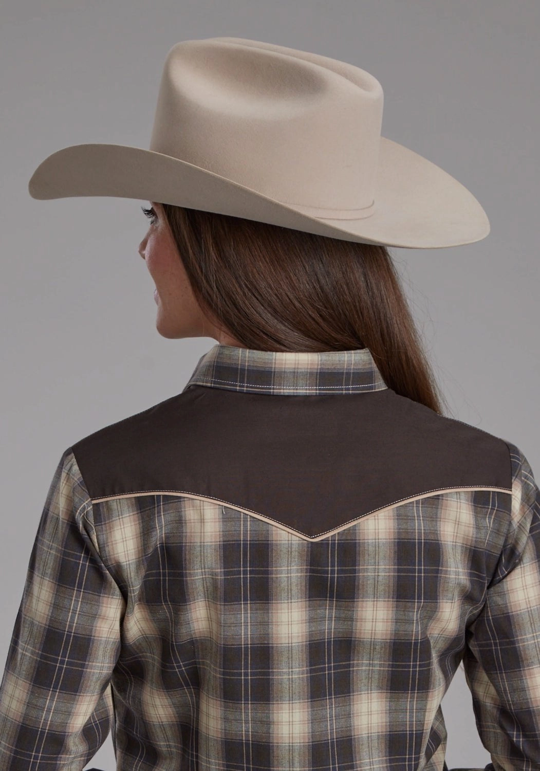 vacation wear Roper Womens 2108 Plaid Grey/Tan Cotton Blend L/S Shirt