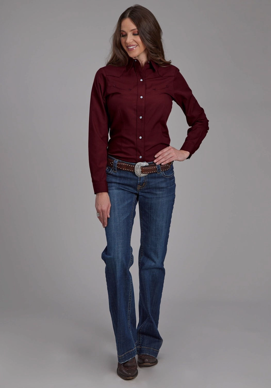 Roper Womens 2124 Broadcloth Longhorn Wine Cotton Blend L/S Shirt Mix-And-Match