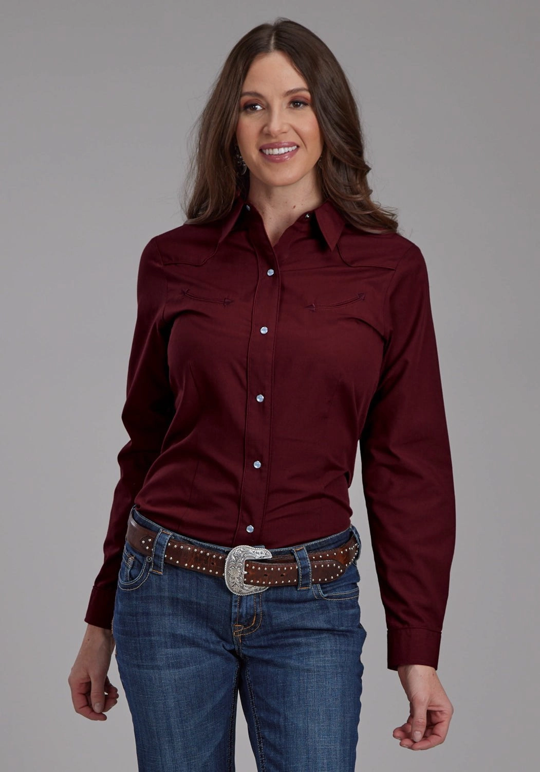 Roper Womens 2124 Broadcloth Longhorn Wine Cotton Blend L/S Shirt Reinforced Collar Embroidered Logo