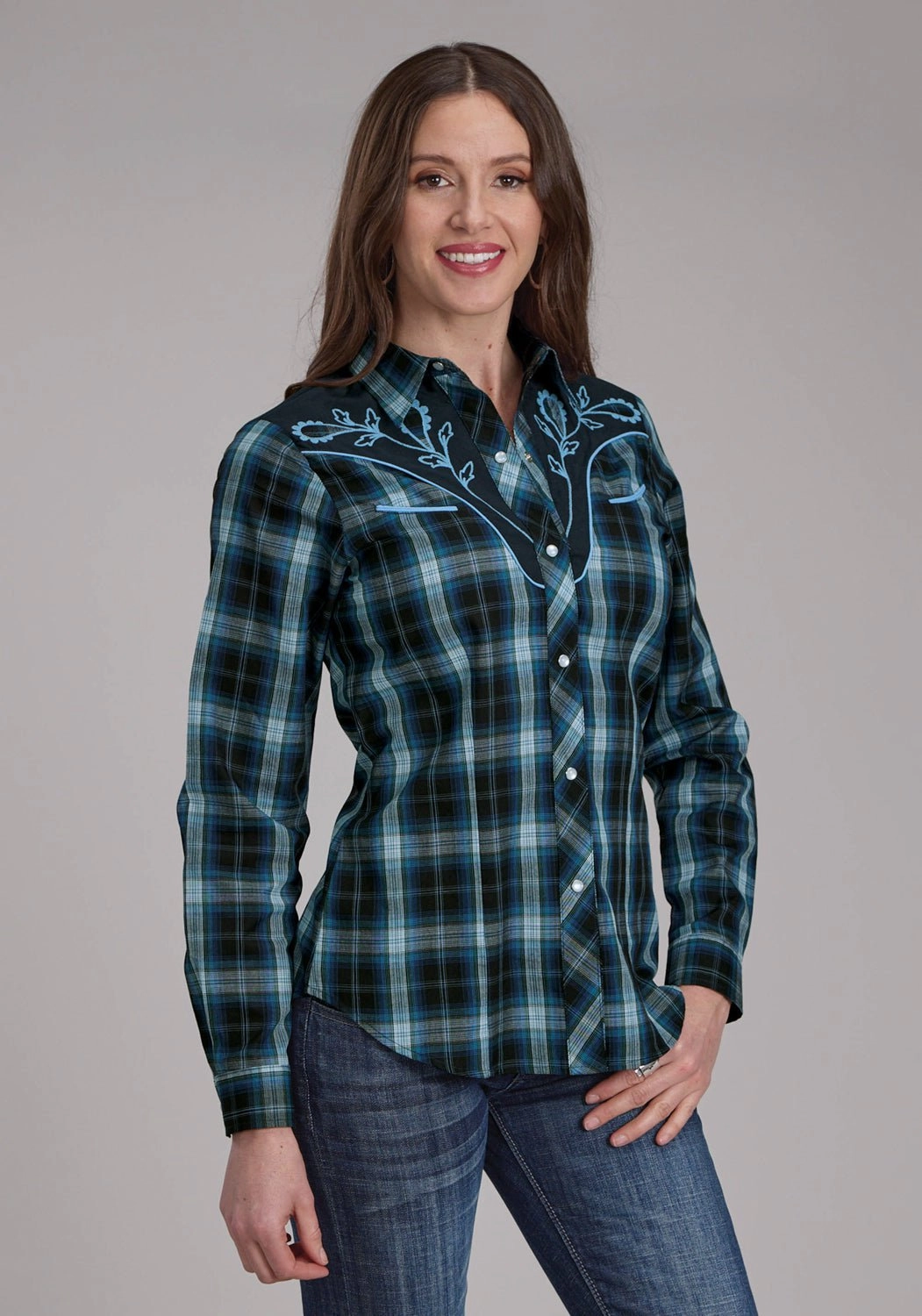 Roper Womens 2128 Windowpane Plaid Multi Blue Cotton Blend L/S Shirt All day wearability