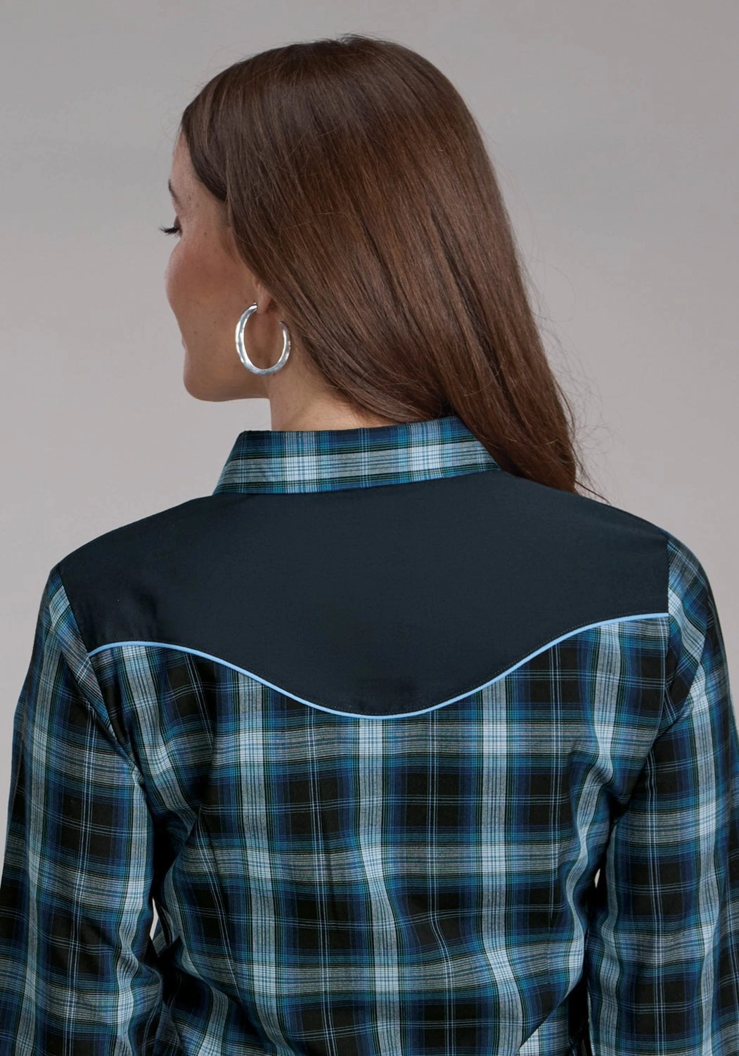 Glossy Texture Roper Womens 2128 Windowpane Plaid Multi Blue Cotton Blend L/S Shirt