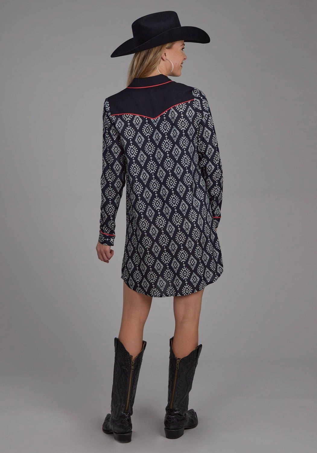 Roper Womens 2133 Ikat Black/Cream 100% Rayon L/S Dress Polo Neckline