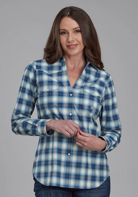 Roper Womens 2164 Stretch Plaid Blue Cotton Blend L/S Shirt Pocket Detailing garden party