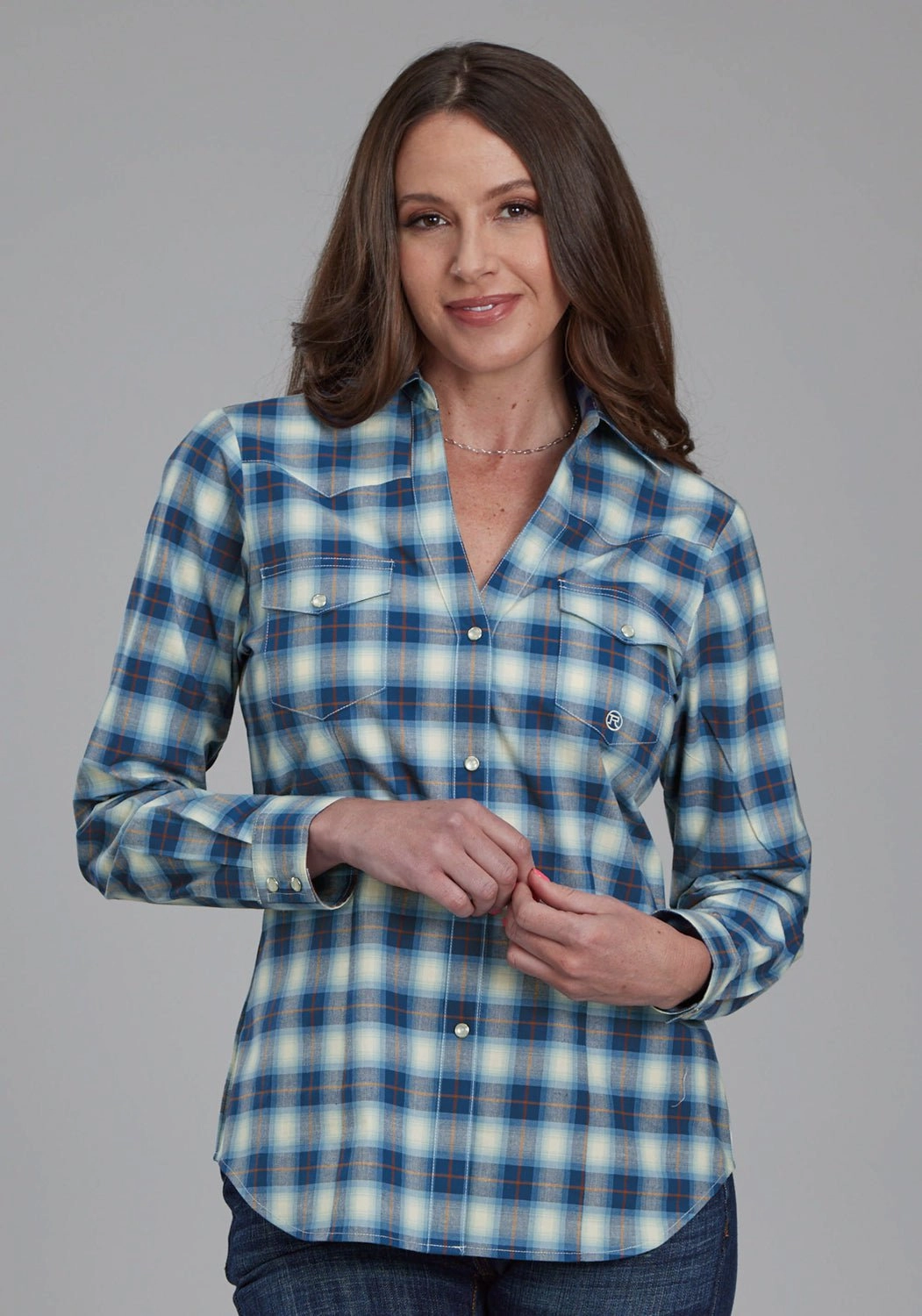 Roper Womens 2164 Stretch Plaid Blue Cotton Blend L/S Shirt Ventilated Back Summer Vibes