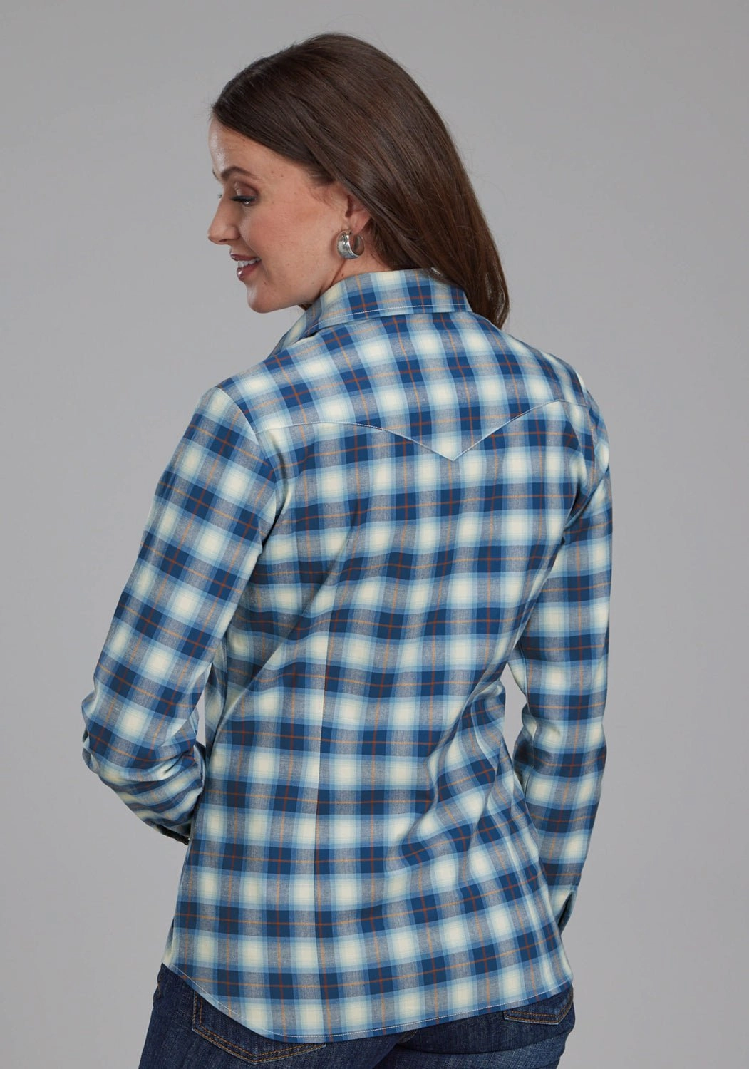 Classic Look Roper Womens 2164 Stretch Plaid Blue Cotton Blend L/S Shirt