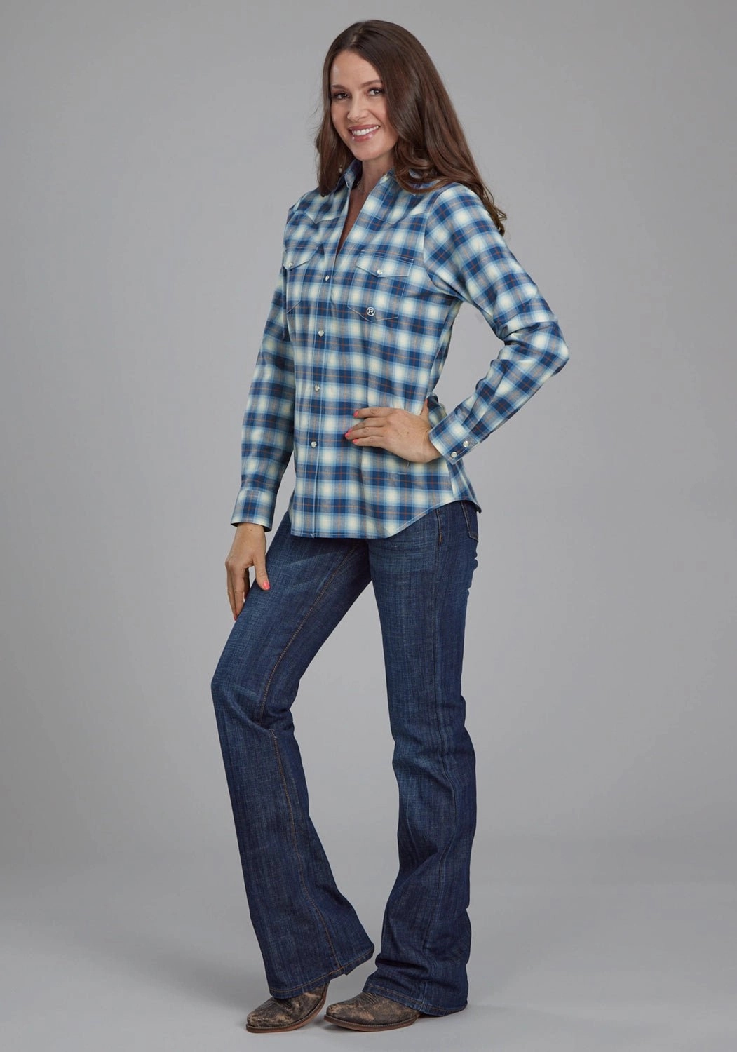 Roper Womens 2164 Stretch Plaid Blue Cotton Blend L/S Shirt Smooth Cotton Blend Seamless Shoulder