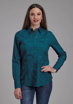 Roper Womens 2167 Tonal Paisley Green 100% Cotton L/S Shirt Solid Hue Tear Resistant Reinforcement