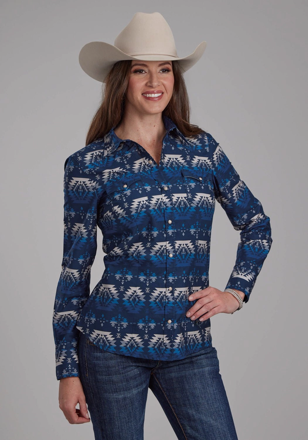 Roper Womens 2168 Ombre Aztec Blue 100% Cotton L/S Shirt Classic Design Petite Cut