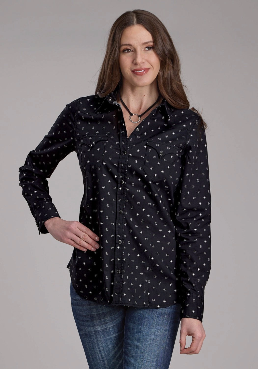 Non Irritating Tags Wrinkle Resistant Finish Roper Womens 2180 Broken Diamonds Black 100% Cotton L/S Shirt