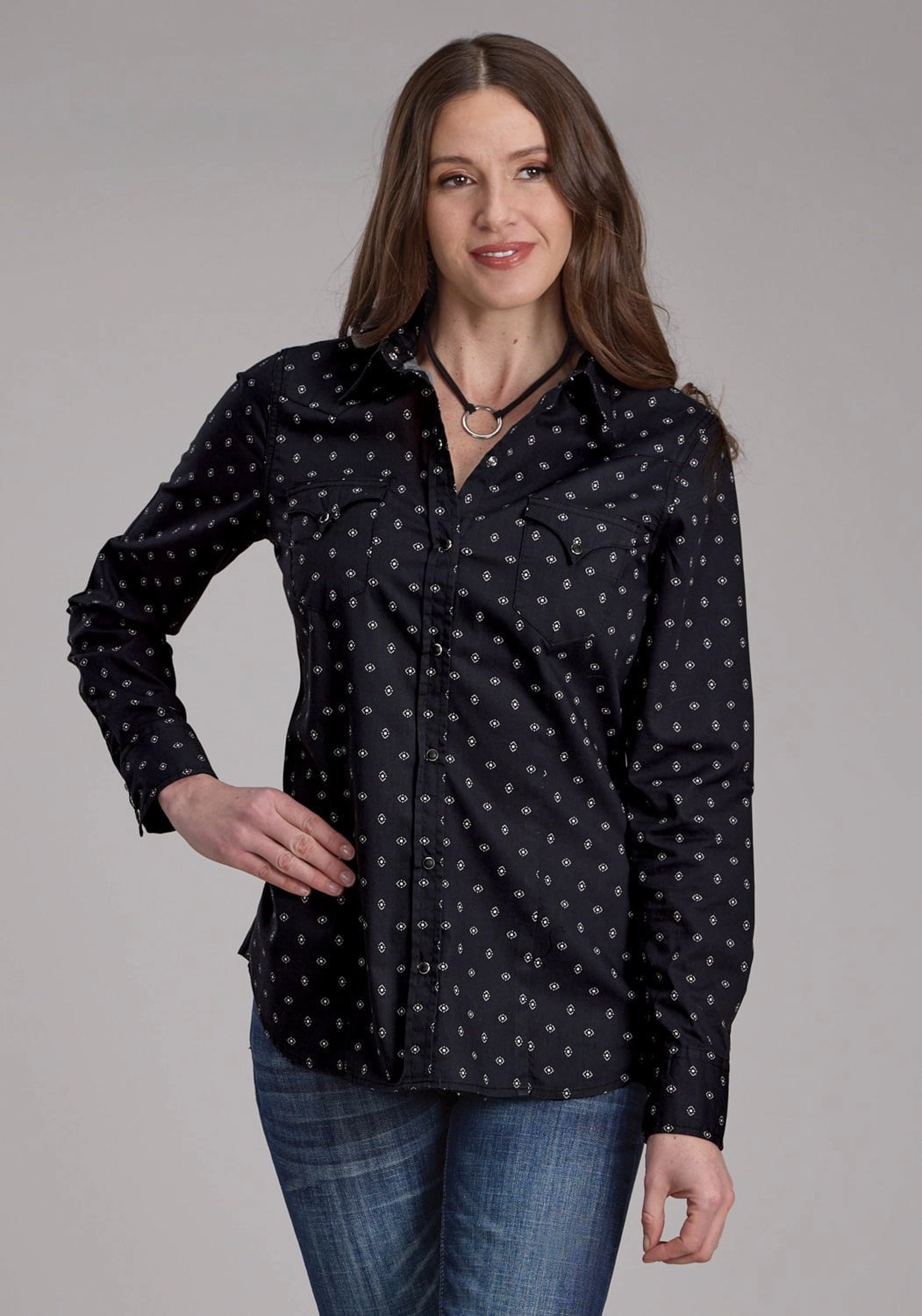 Roper Womens 2180 Broken Diamonds Black 100% Cotton L/S Shirt Breathable mesh