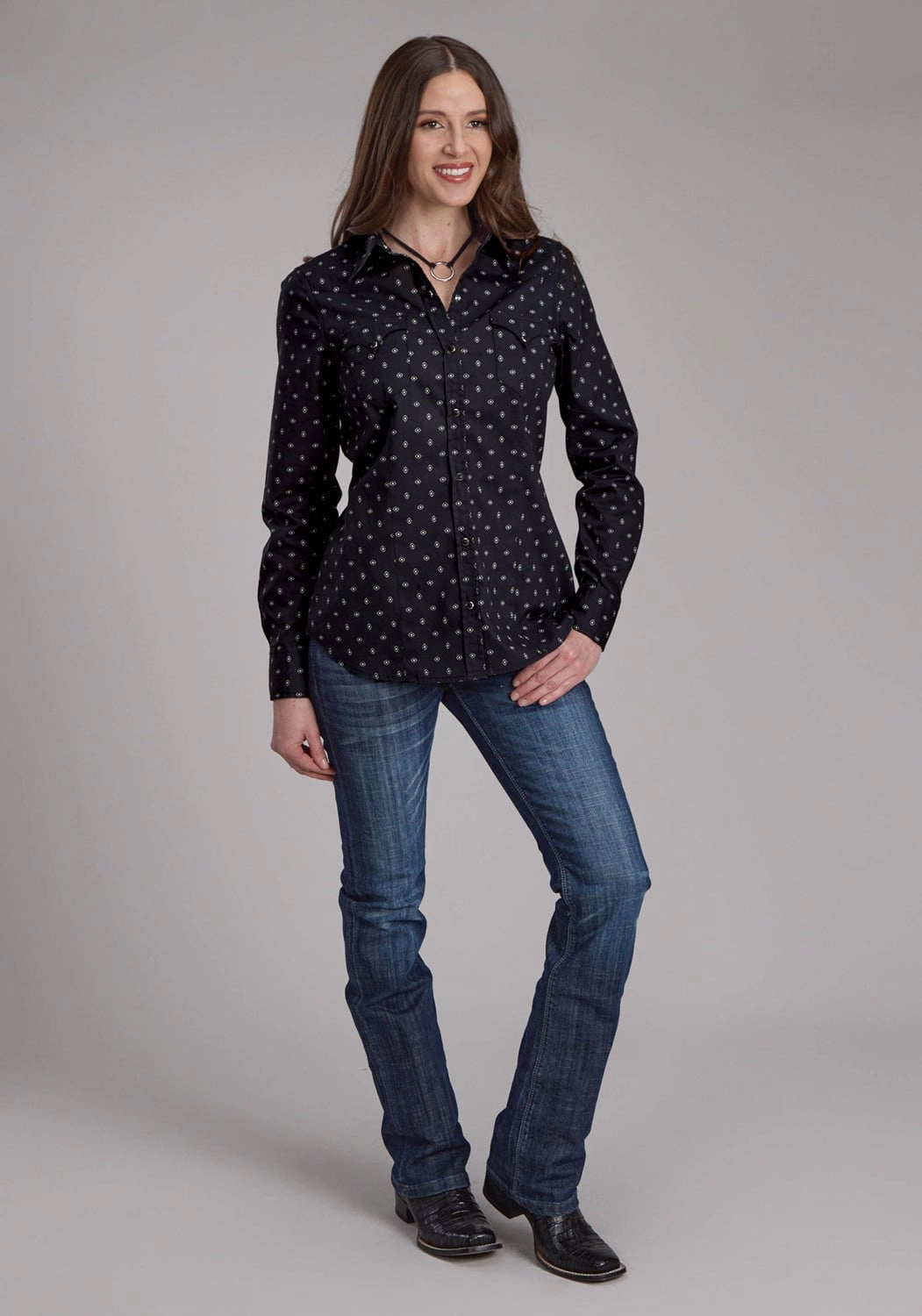 Easy Styling Roper Womens 2180 Broken Diamonds Black 100% Cotton L/S Shirt