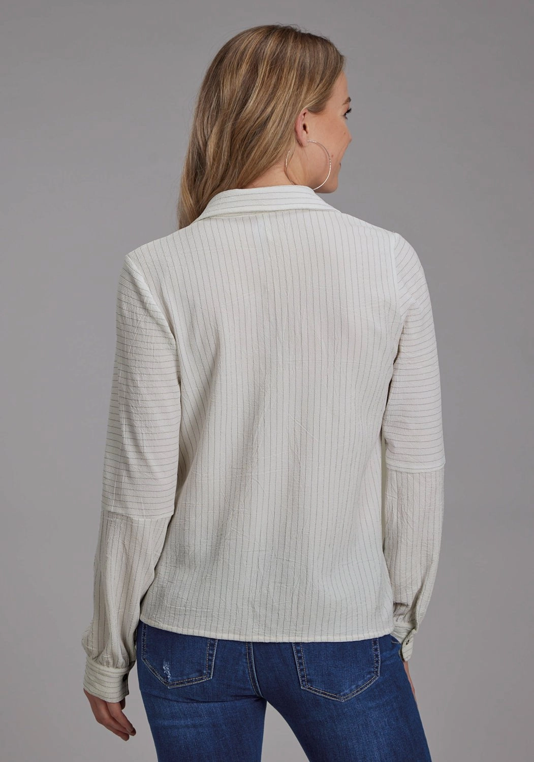 Shimmer Effect Polo Style Roper Womens 2196 Moss Stripe Cream Polyester L/S Blouse