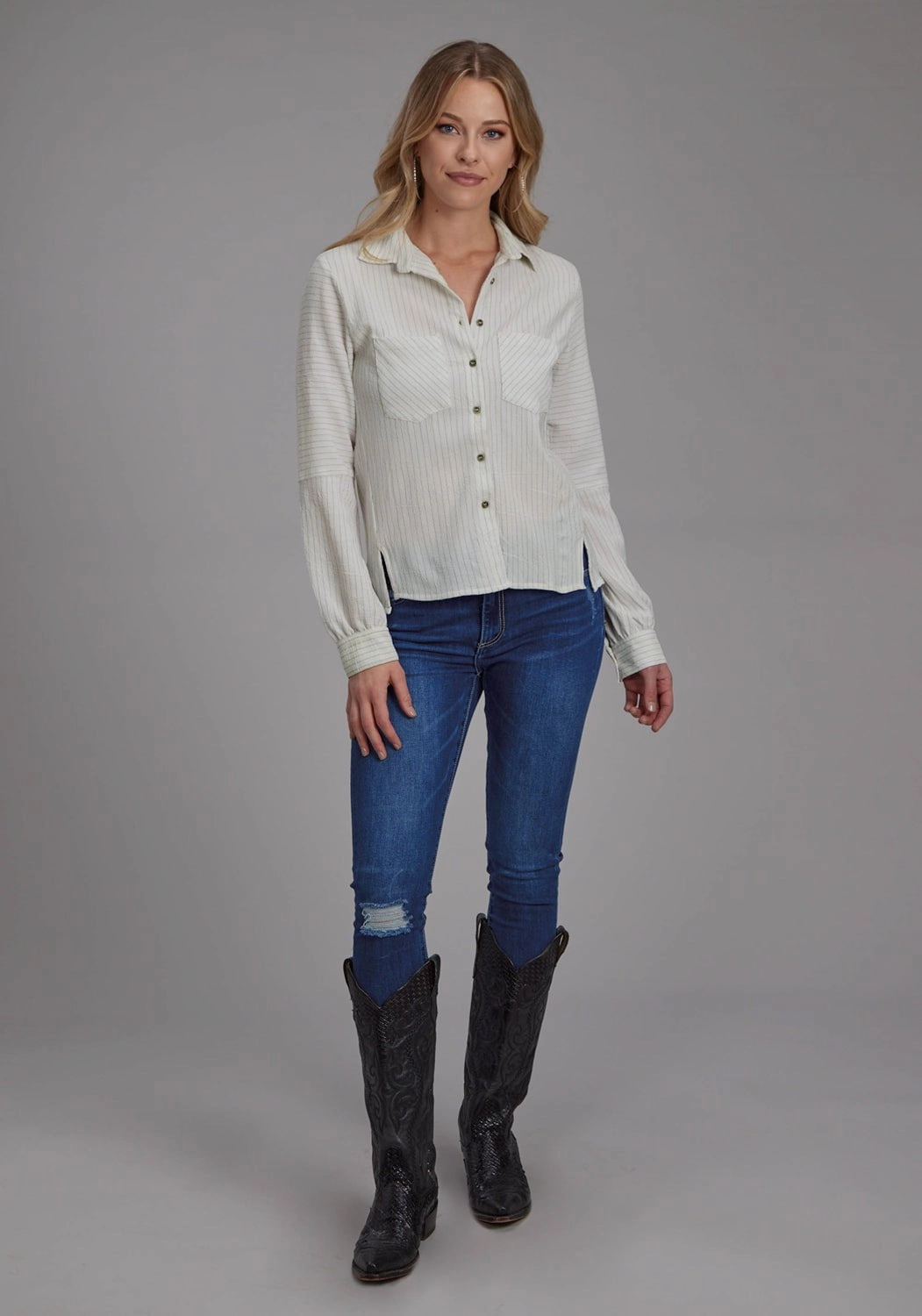 Roper Womens 2196 Moss Stripe Cream Polyester L/S Blouse Thermoregulating Fabric Solid Color