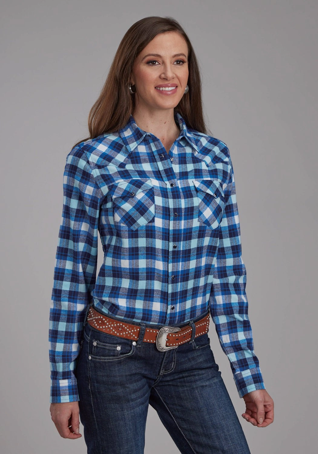 Indoor Comfort Graduation Ceremony Roper Womens 2206 Unlined Flannel Blue/White 100% Cotton L/S Shirt