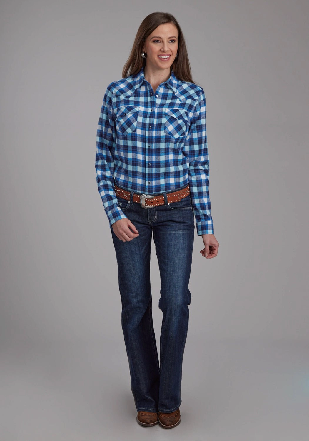 Multi Pocket Design Recycled Polyester Blend Roper Womens 2206 Unlined Flannel Blue/White 100% Cotton L/S Shirt