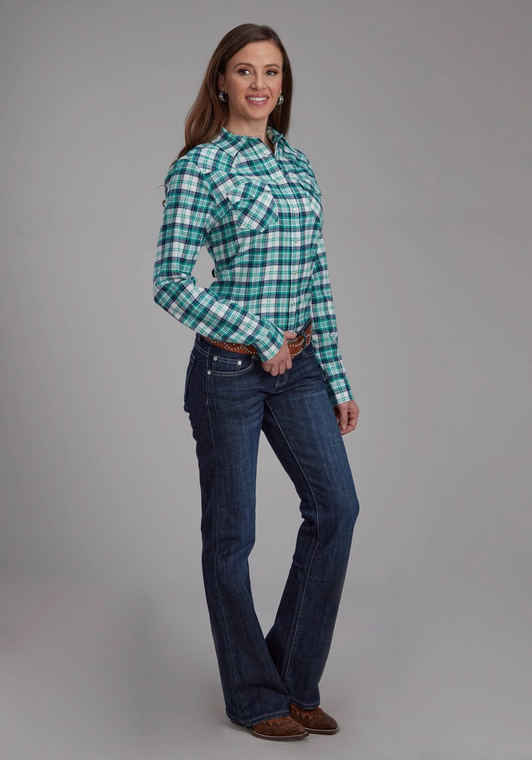 Roper Womens 2206 Unlined Flannel Green 100% Cotton L/S Shirt Organic Cotton