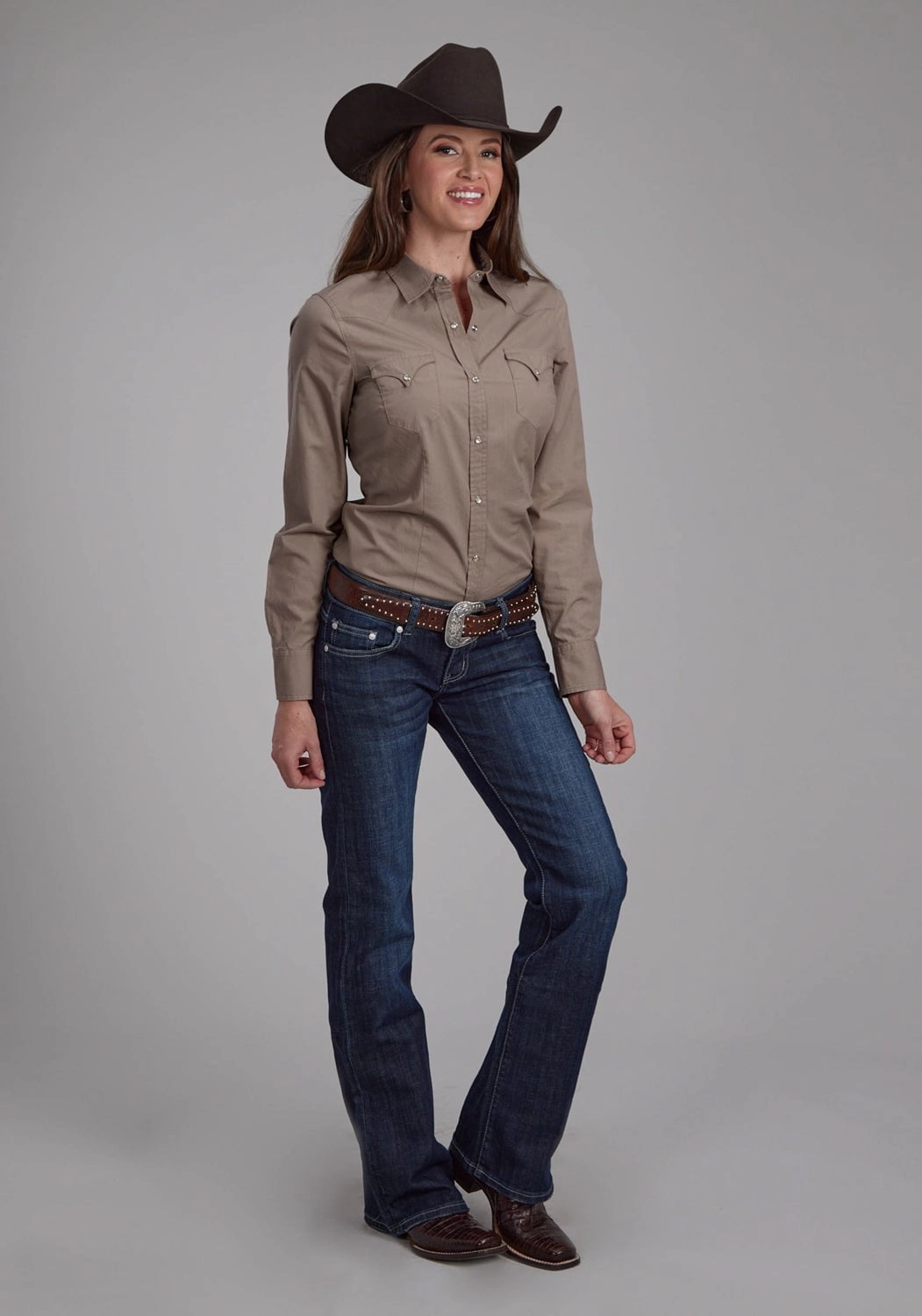 Tall Length Roper Womens 2221 Solid Poplin Stone 100% Cotton L/S Shirt