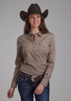 Roper Womens 2221 Solid Poplin Stone 100% Cotton L/S Shirt Wardrobe Must-Have Trendy designs