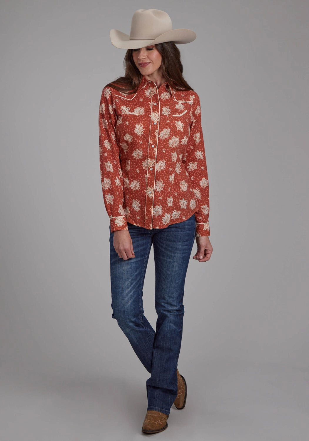 Roper Womens 2282 Floral Orange/Cream Cotton Blend Retro L/S Shirt Travel-friendly
