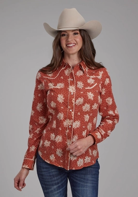 Recycled Polyester Blend Roper Womens 2282 Floral Orange/Cream Cotton Blend Retro L/S Shirt