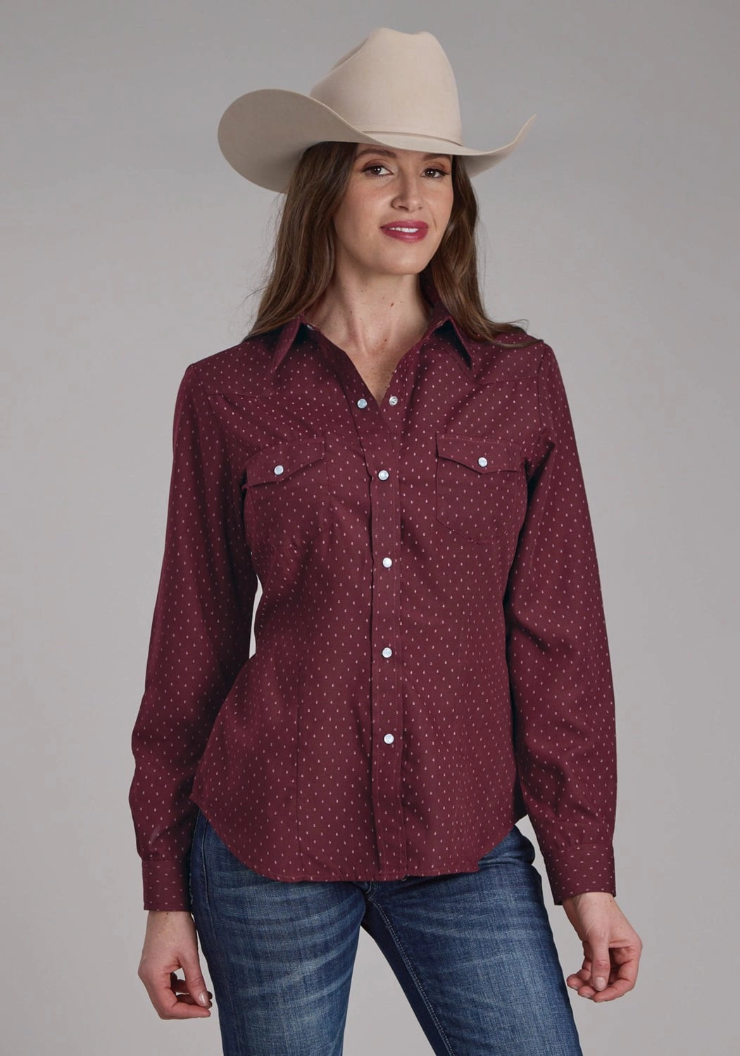 Roper Womens 2287 Dot Print Wine Cotton Blend L/S Shirt Smooth Seam Finish