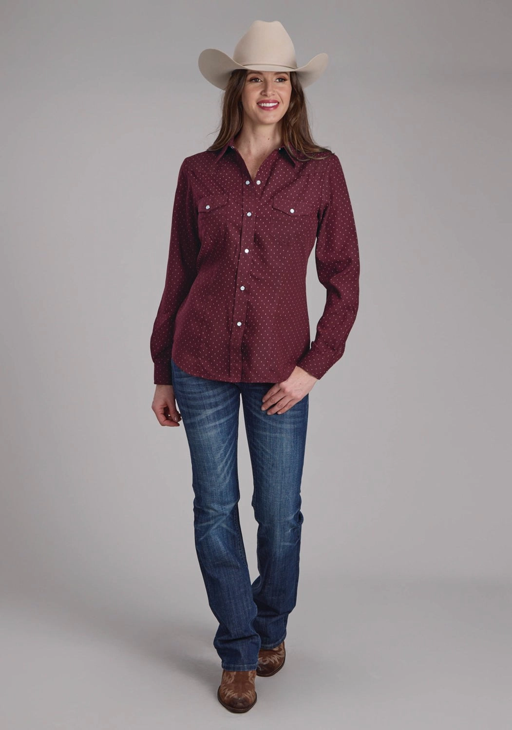 Lightweight Layer Roper Womens 2287 Dot Print Wine Cotton Blend L/S Shirt