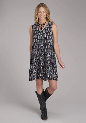 Roper Womens 2422 Vintage Floral Print Black 100% Rayon S/L Dress Transitional Style Style Base