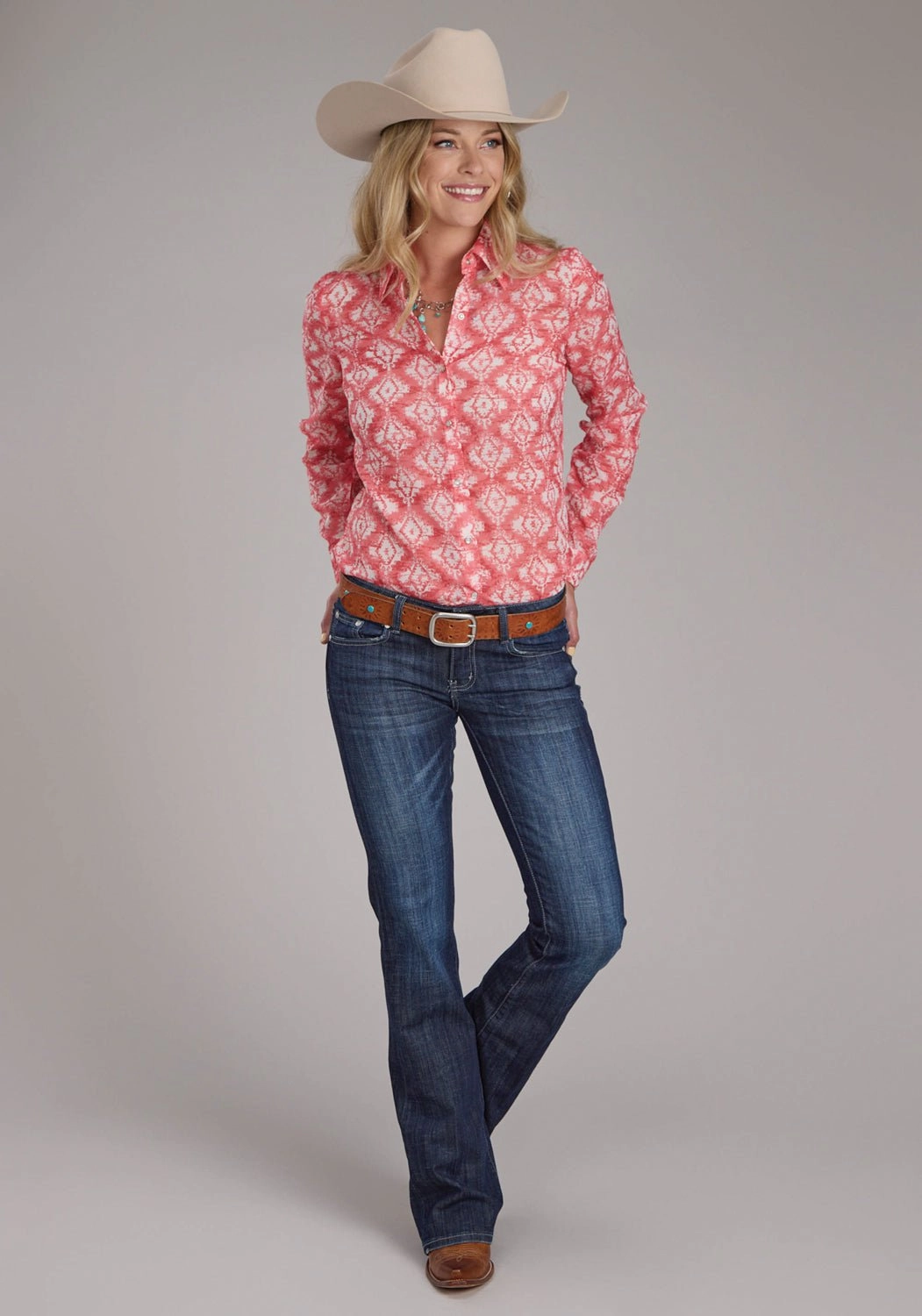 Roper Womens 2423 Ikat Aztec Pink 100% Polyester L/S Blouse Tuckable Hem