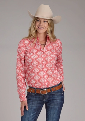 Roper Womens 2423 Ikat Aztec Pink 100% Polyester L/S Blouse Anti Static Fabric