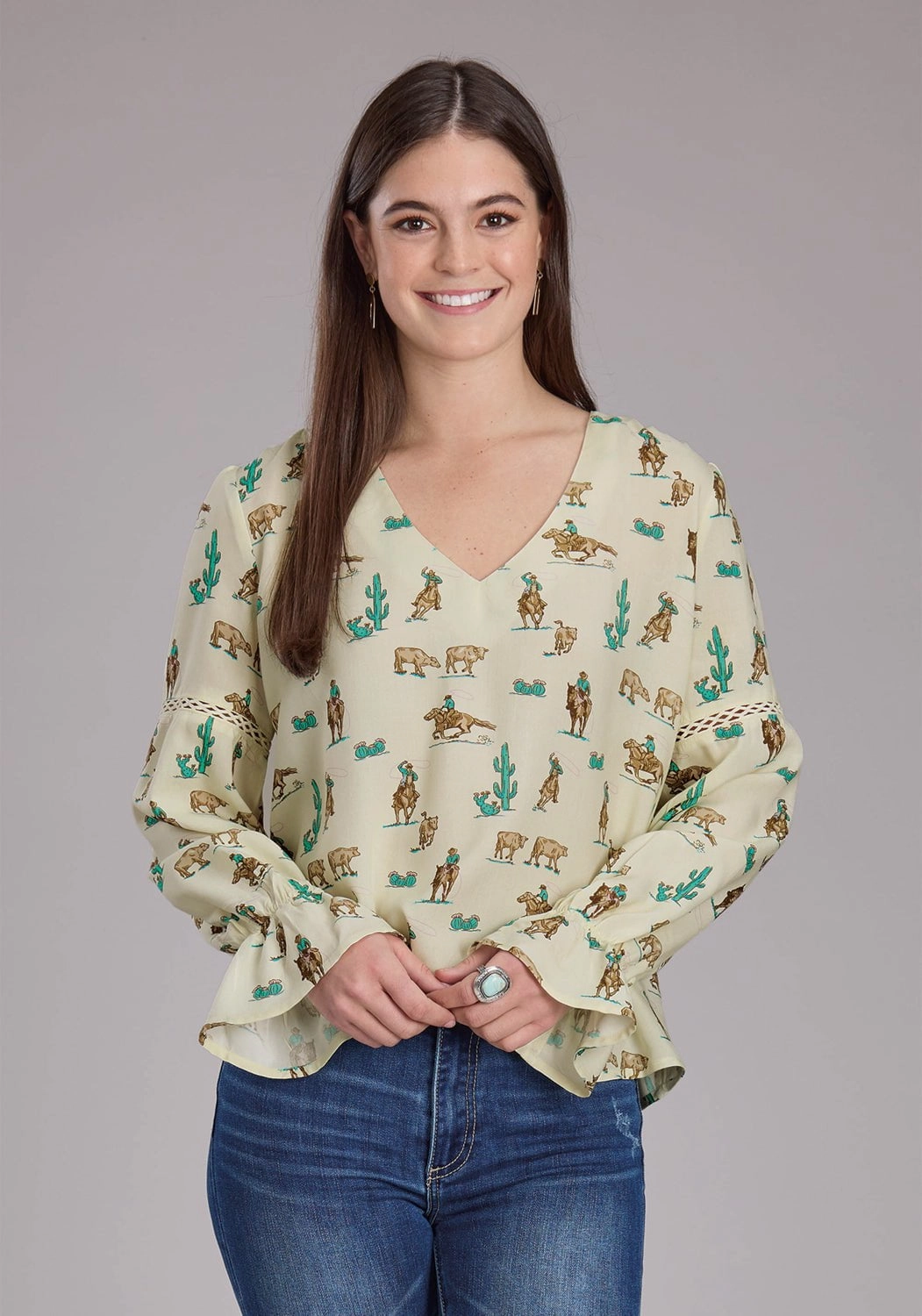 Roper Womens 2424 Printed Ropers White 100% Rayon L/S Blouse Hypoallergenic Lining