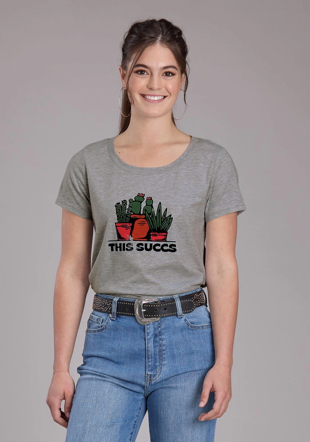 Roper Womens 2448 This Succs Grey Cotton Blend S/S T-Shirt Roomy Cut