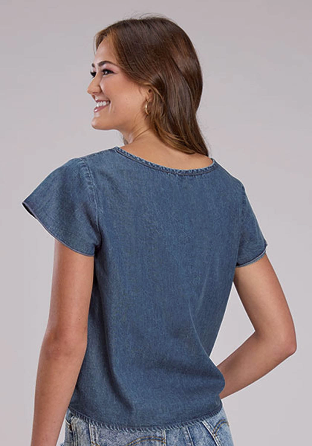 Roper Womens 2530 Flutter Sleeve Denim 100% Cotton Cactus S/S Blouse Backpacking Trip