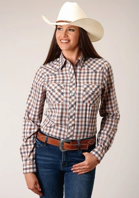 All-Weather Ready Slim Silhouette Roper Womens 55/45 Plaid Navy/Gold/Rust Cotton Blend L/S Shirt