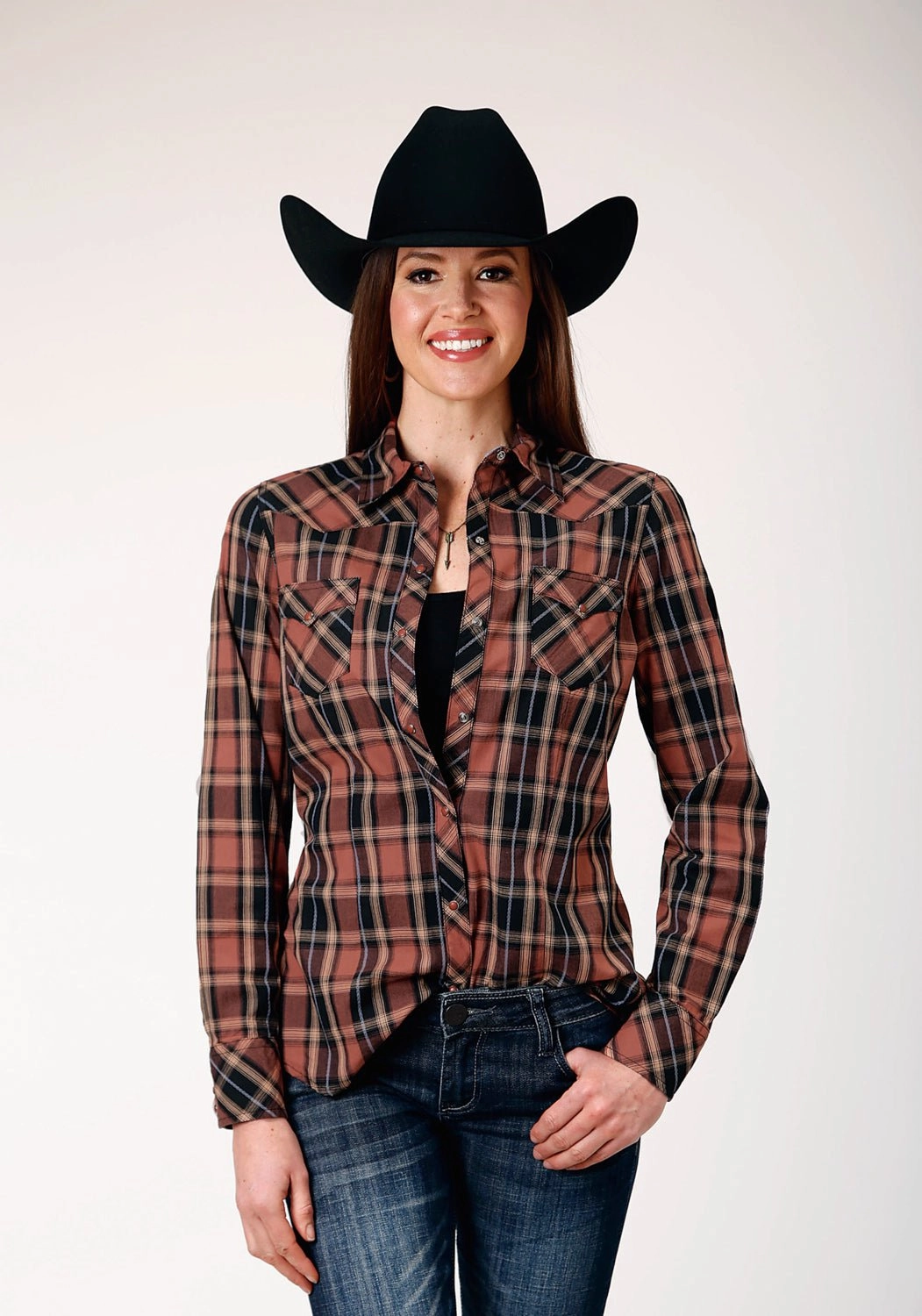 Roper Womens Arrow Dobby Plaid Brown 100% Cotton L/S Shirt Urban Wear