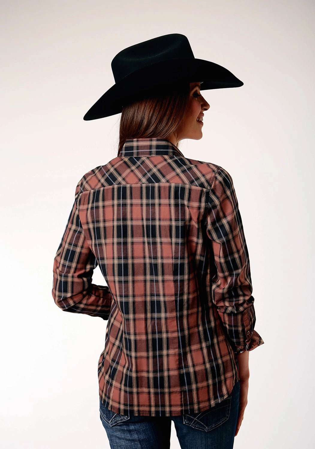 Ribbed Trim Roper Womens Arrow Dobby Plaid Brown 100% Cotton L/S Shirt