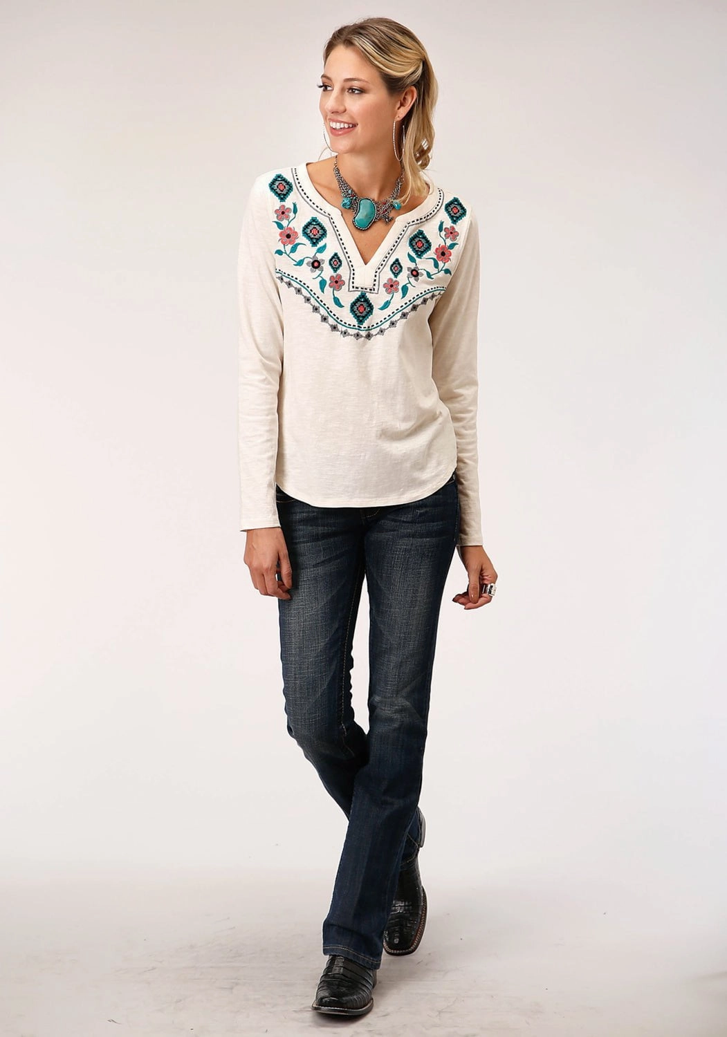 Roper Womens Aztec Floral Cream 100% Cotton L/S Tunic Party Ready